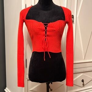 Orange Lace-Up Ribbed Women's Long Sleeve Sweater Top Urban Outfitters